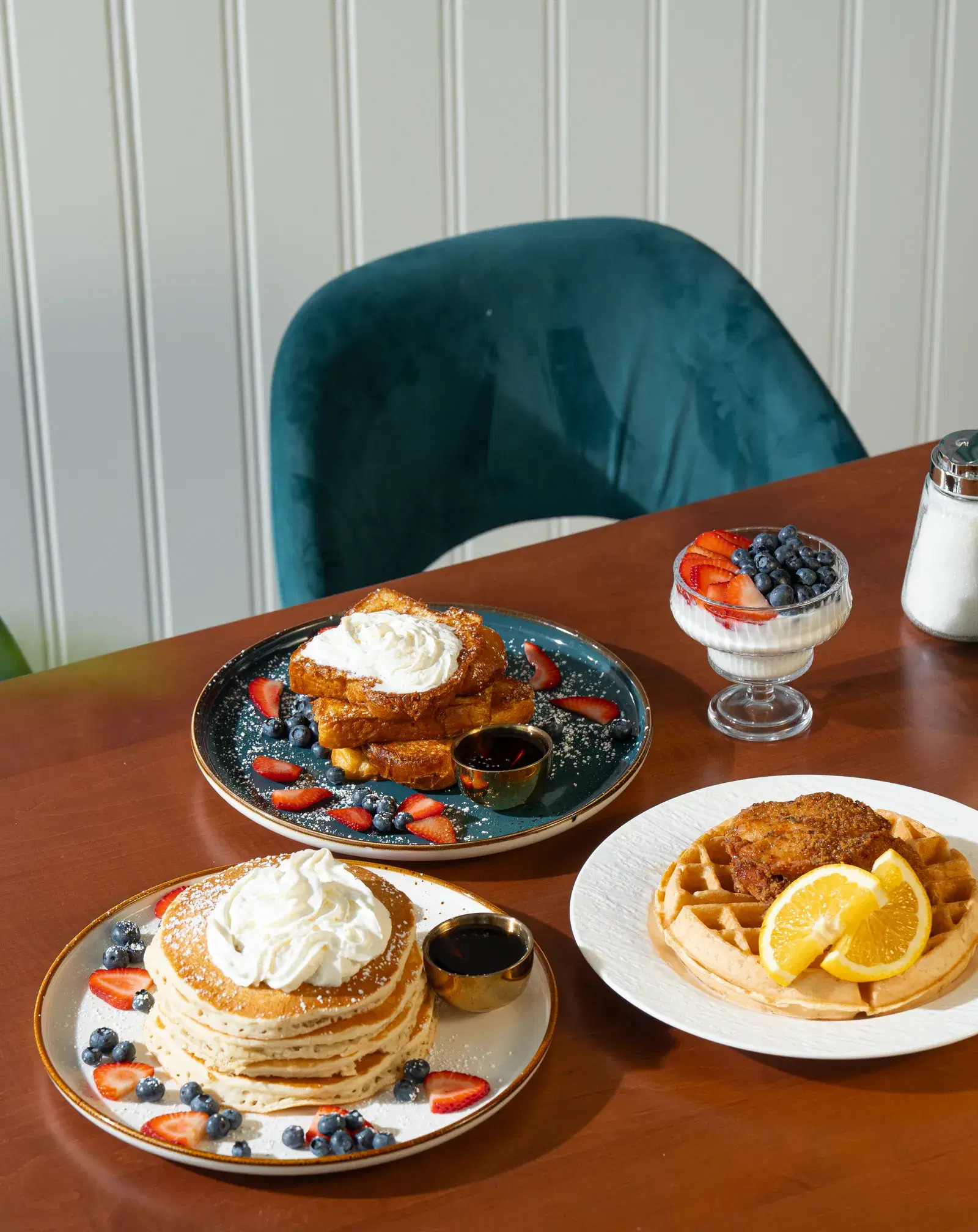 A shared brunch spread set out at Solena